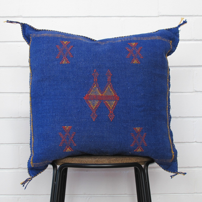 Moroccan Cactus Silk Feather Filled Cushion - Dark Blue with Red & Yellow Berber Motifs