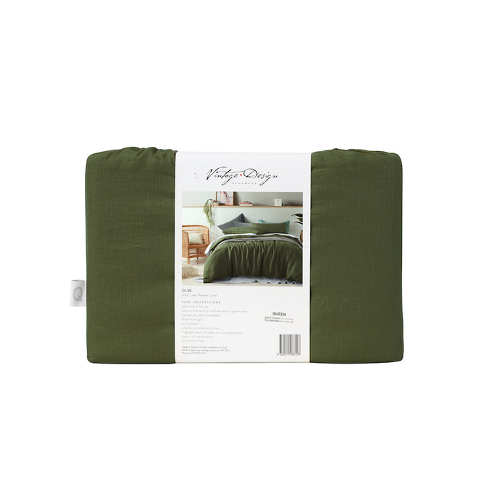 100% French Flax Linen Quilt Cover Set - Oliver Green