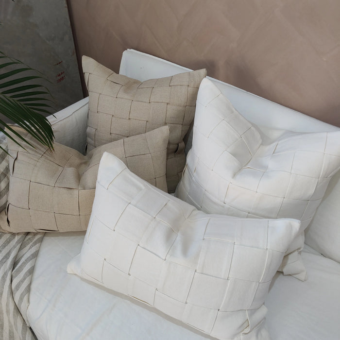 Heavy Weight French Linen Cotton Cushion Feather Filled 55cm Square - Intertwined White