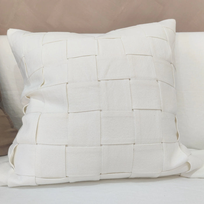 Heavy Weight French Linen Cotton Cushion Feather Filled 55cm Square - Intertwined White